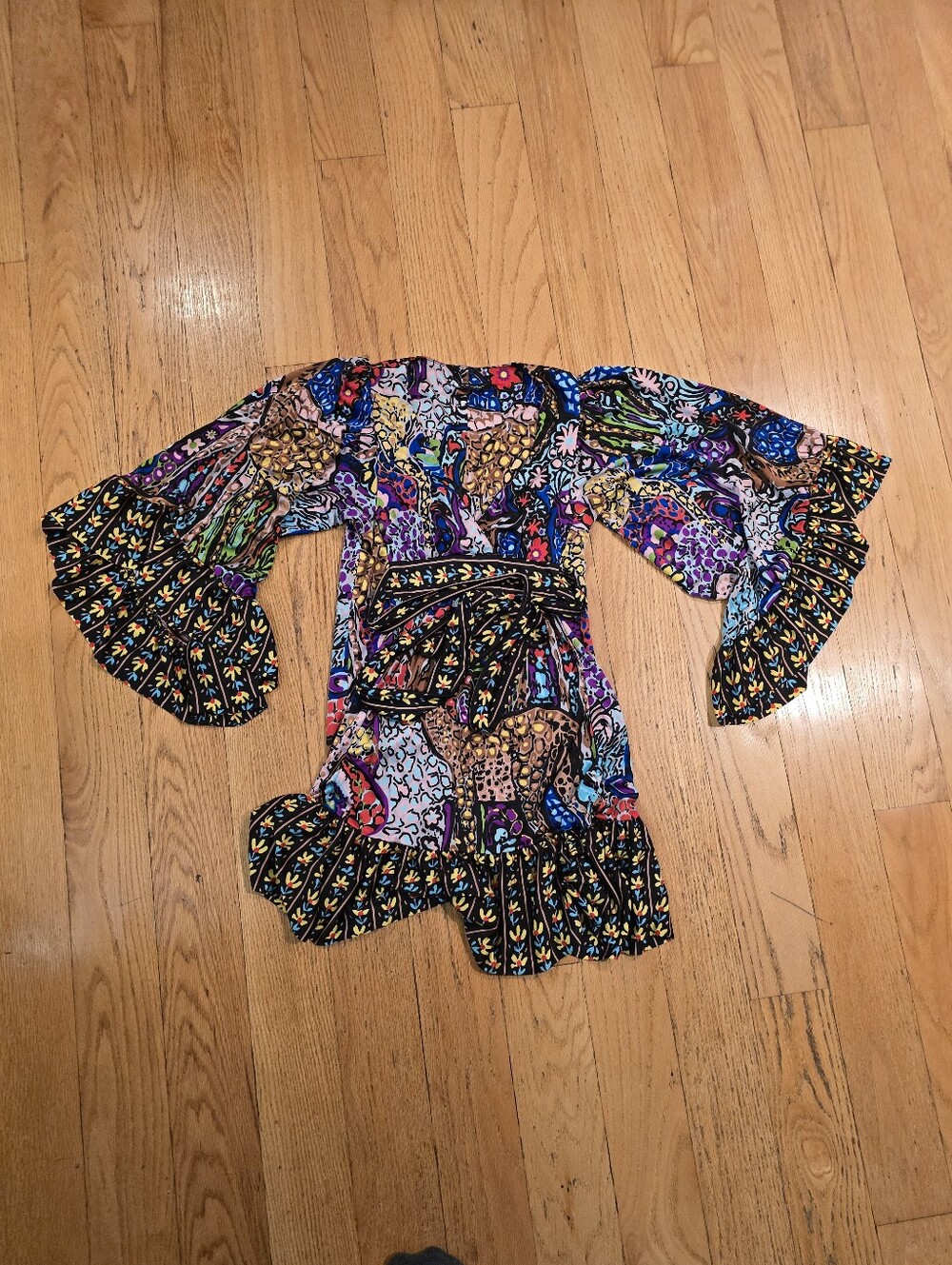Betsey Johnson Vtg Y2K Bambi Print Bell Sleeve Faux Wrap Mini Dress Tunic 2